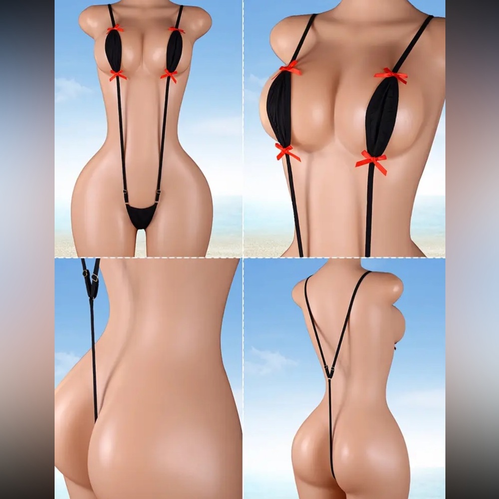 Micro String Bikini with Red Bow Accents - Black